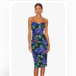 Afrm Shereen Midnight bouquet runched midi dress .NWT
